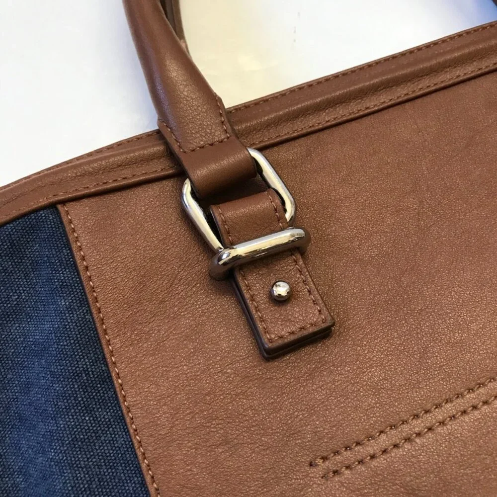 Eleventy Canvas Leather Travel Tote Bag Mens Navy Blue Brown Commuter Top Zipper